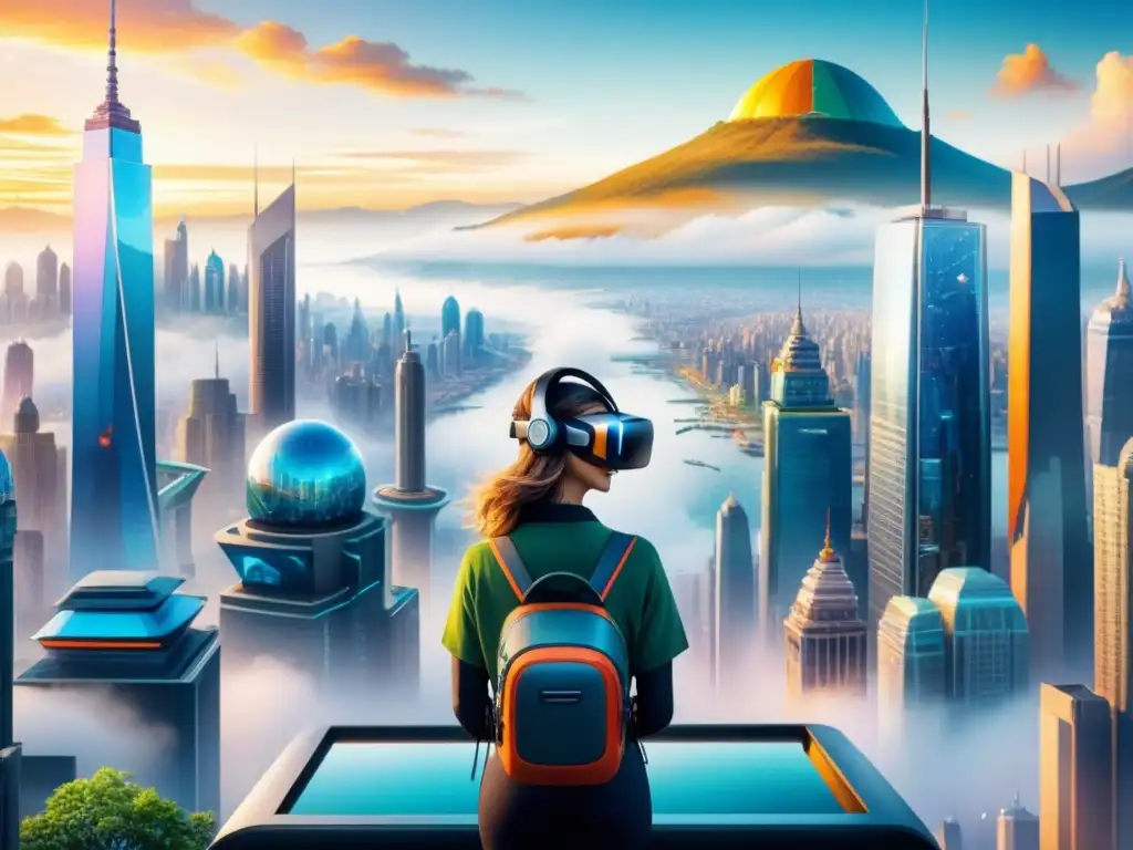 Pintura detallada de una ciudad futurista en realidad virtual