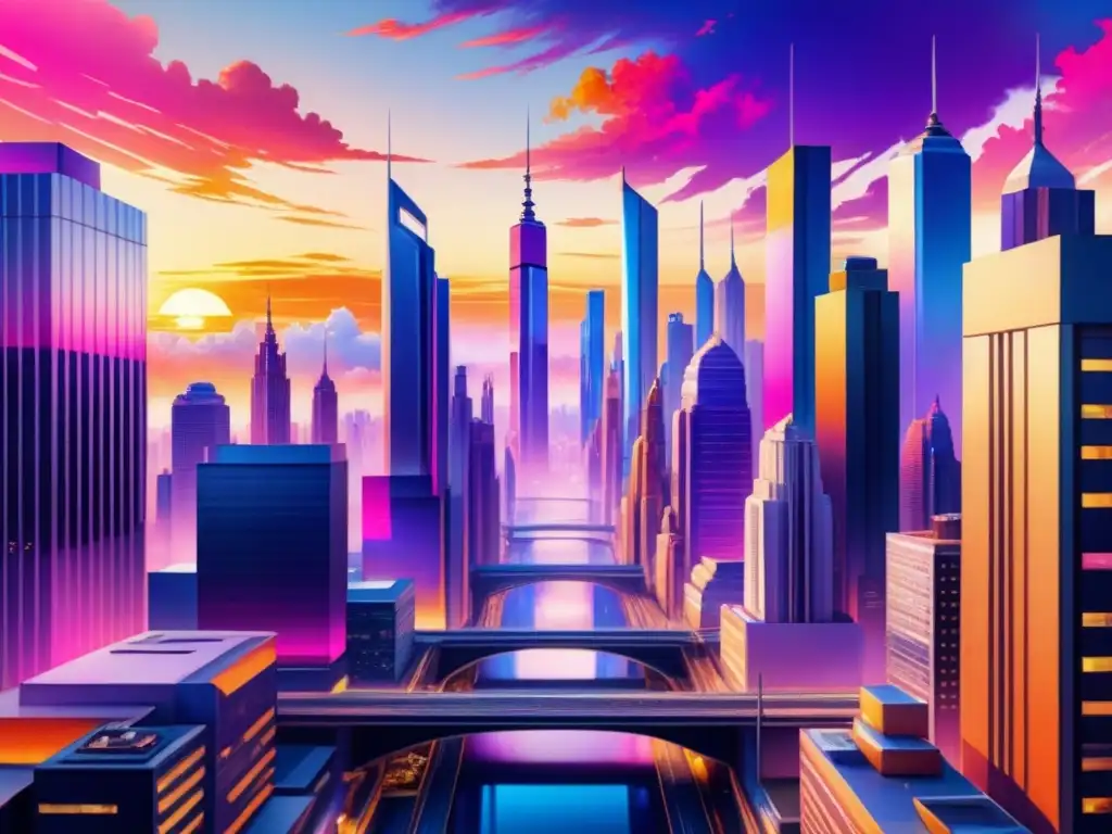 Una pintura acuarela detallada de una ciudad futurista con rascacielos reflejando un cielo al atardecer en tonos vibrantes