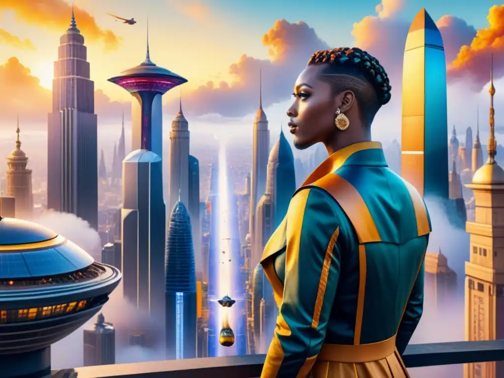 Pintura acuarela detallada de ciudad futurista con elementos arquitectónicos africanos y Afrofuturistas, vibrante y detallada fusión de tradición e innovación