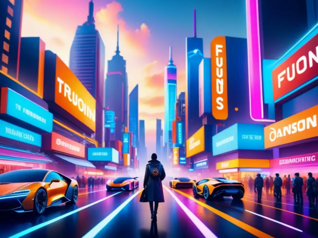 Pintura detallada de una ciudad futurista en realidad virtual, fusionando tecnología y arte con colores vibrantes y detalles intrincados