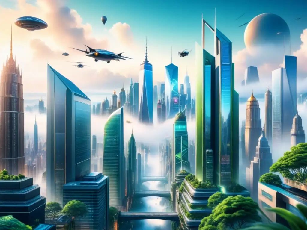 Pintura acuarela detallada de una ciudad futurista donde rascacielos se mezclan con vegetación, hologramas y vehículos voladores