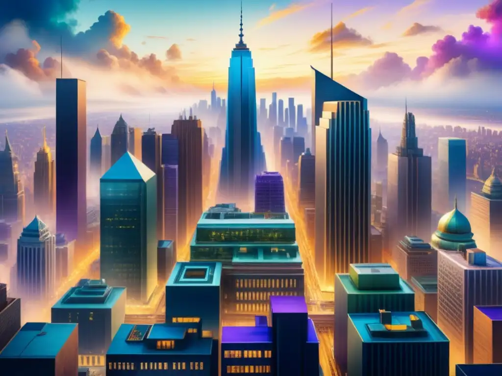 Cityscape futurista: arte y ciencia en armonía Pintura detallada: ciudad futurista se entrelaza con historia, arte y ciencia en un paisaje urbano vibrante