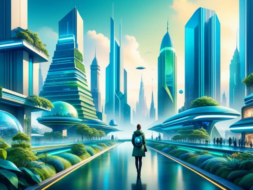 Pintura detallada de una ciudad futurista fusionada con la naturaleza, mostrando instalaciones de arte digital integradas armoniosamente