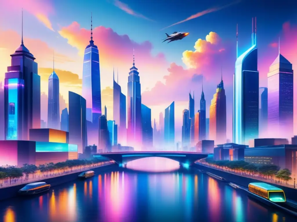 Una pintura detallada de una ciudad futurista con rascacielos adornados con luces neón vibrantes, reflejándose en un río tranquilo