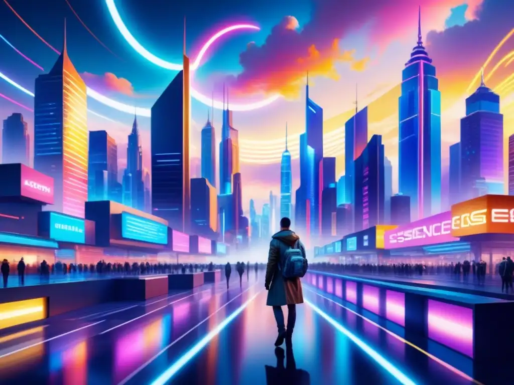 Una pintura acuarela detallada de una ciudad futurista con luces neón y un cielo digital, reflejando la Revolución Digital Arte Creación Estética