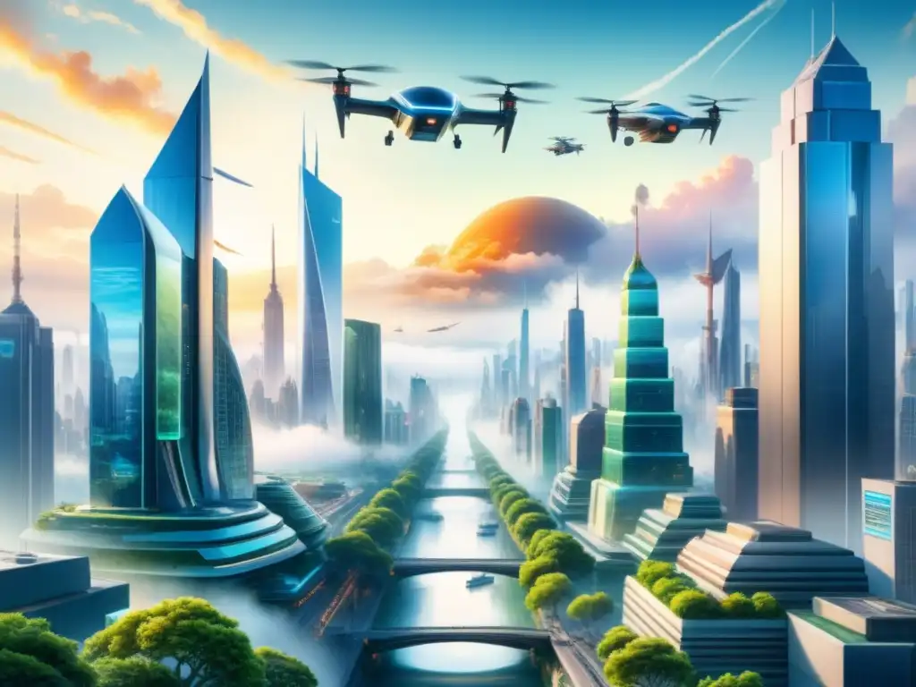 Pintura acuarela detallada de una ciudad futurista integrada con la naturaleza, mostrando armonía entre tecnología avanzada y entorno natural