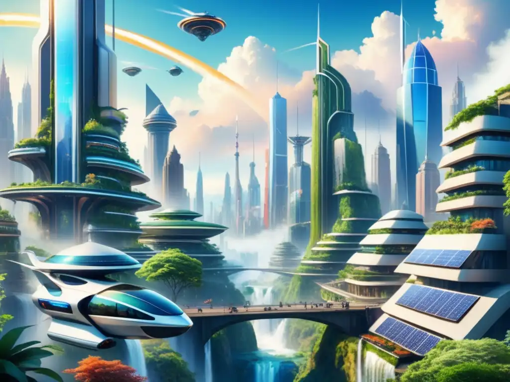 Una pintura acuarela detallada de una ciudad futurista donde conviven armoniosamente naturaleza y tecnología