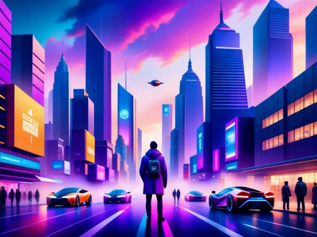 Una pintura acuarela detallada en 8k de una ciudad futurista llena de rascacielos brillantes bajo un cielo púrpura