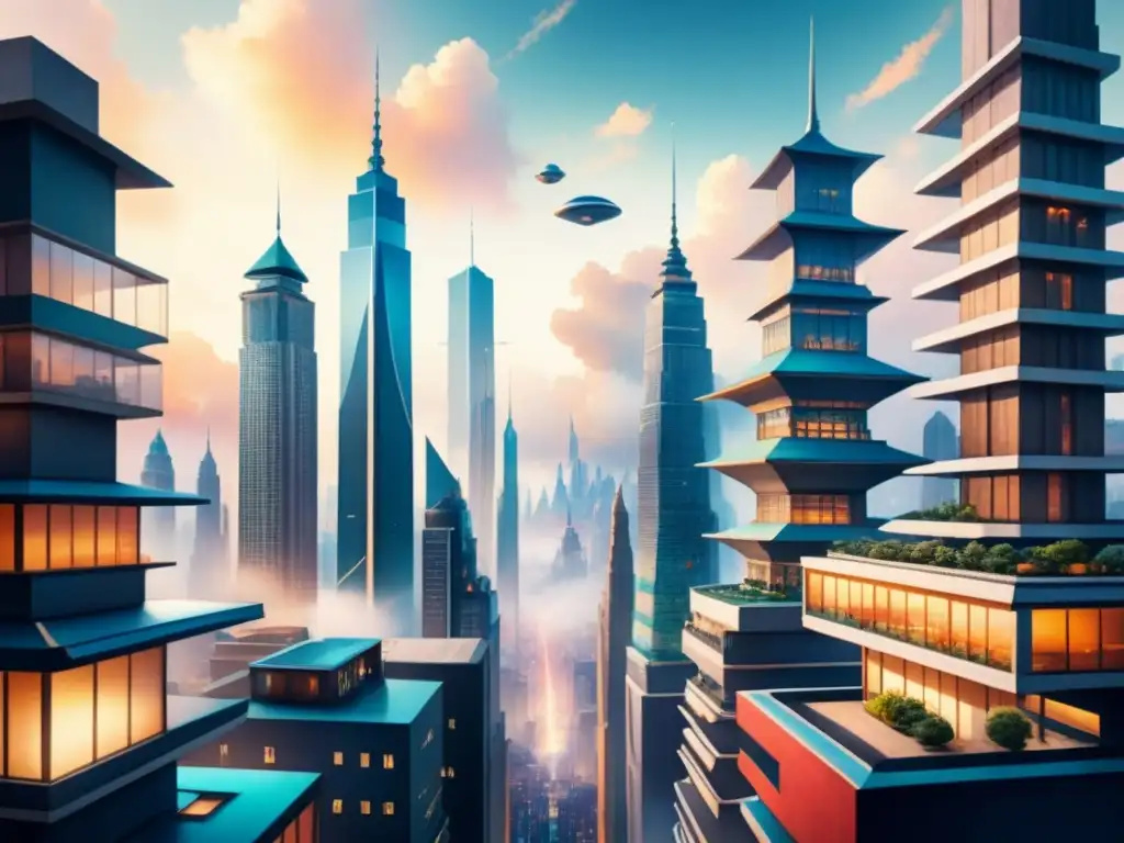 Pintura detallada de una ciudad futurista con edificios Modernistas arquitectura sueño