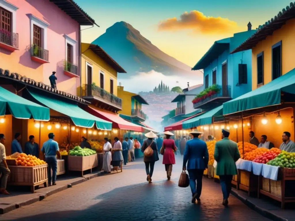 Pintura detallada de una ciudad latinoamericana vibrante con arquitectura colonial, mercados y artistas contemporáneos dialogando con la historia