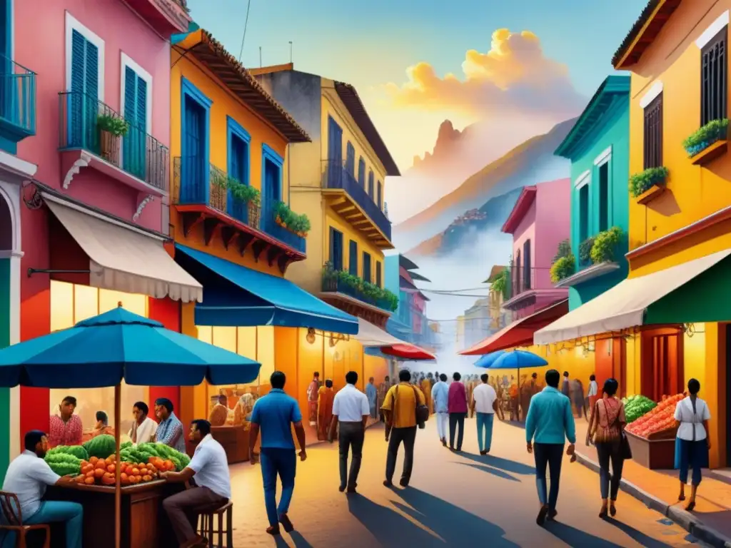 Pintura acuarela detallada de ciudad latinoamericana vibrante y bulliciosa, con edificios coloridos y gente diversa