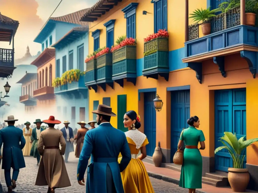 Pintura acuarela detallada de ciudad latinoamericana durante Modernismo en América Latina historia