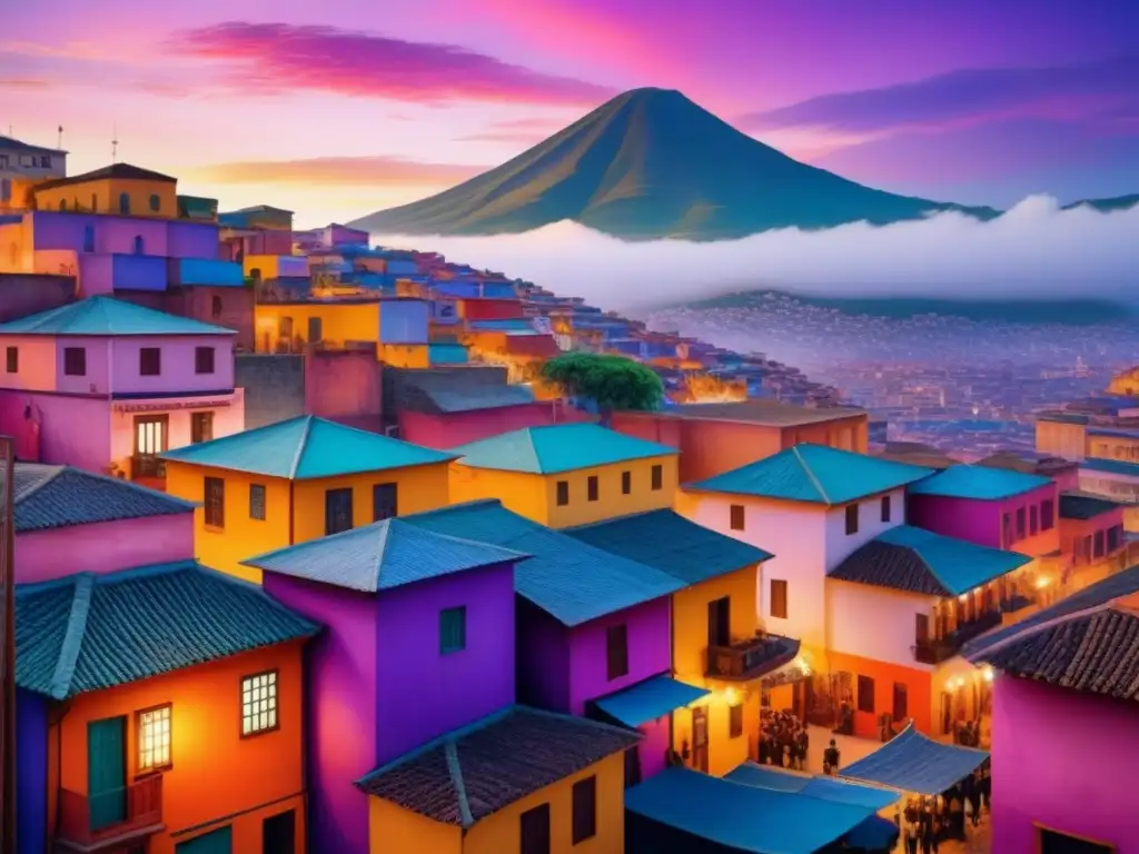 Pintura acuarela detallada de ciudad latinoamericana al anochecer con edificios coloridos y cielo dramático en tonos naranja, rosa y morado