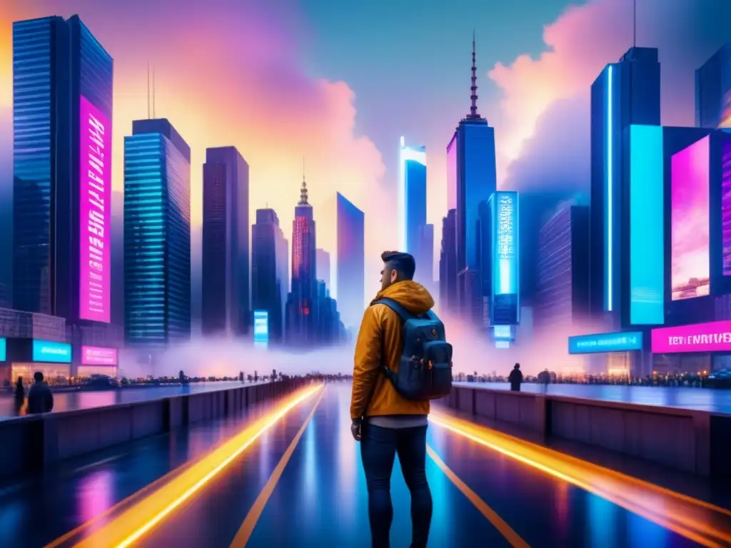 Pintura detallada de una ciudad llena de rascacielos que reflejan luces neón y pantallas digitales, fusionando arte contemporáneo y sociedad digital