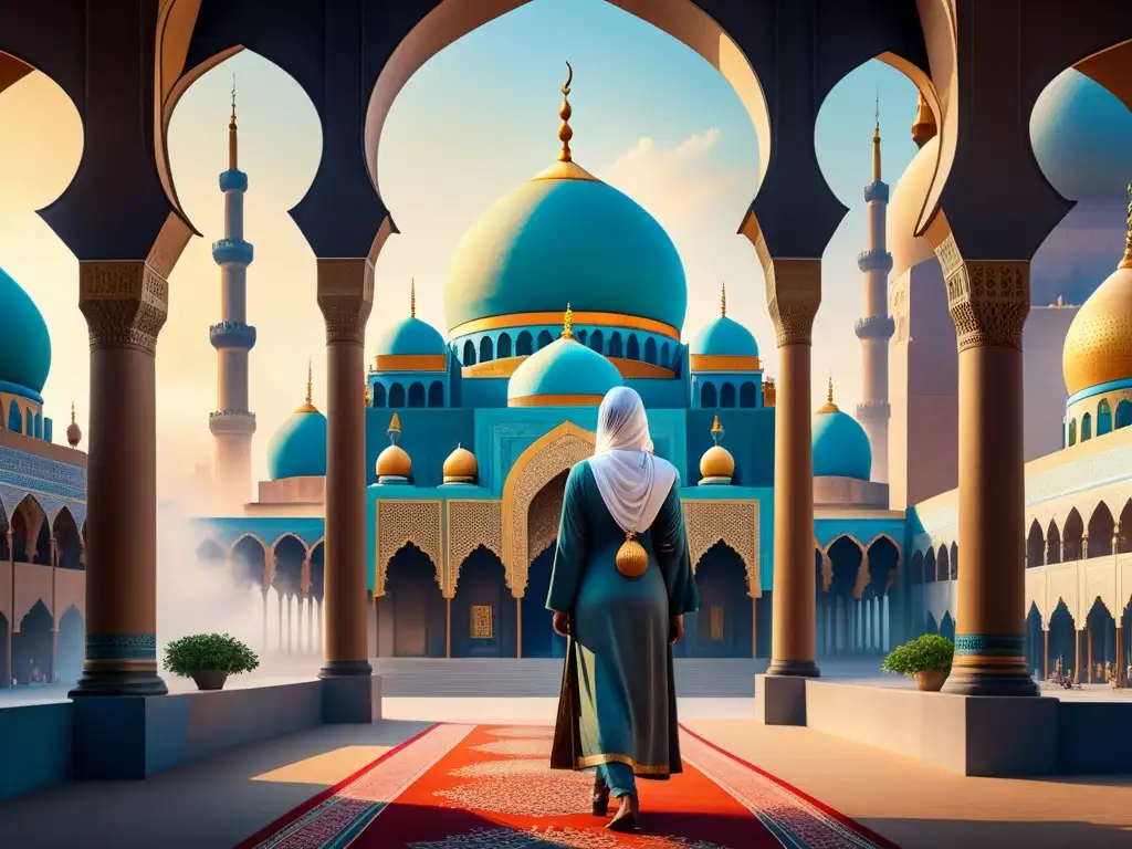 Pintura acuarela detallada de una ciudad moderna fusionada con elementos arquitectónicos islámicos tradicionales