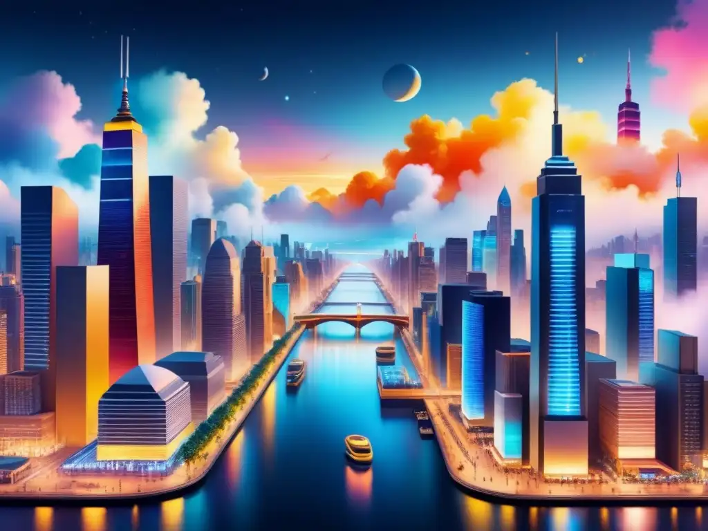 Pintura detallada de una ciudad nocturna con arte cinético digital que se fusiona con el paisaje urbano