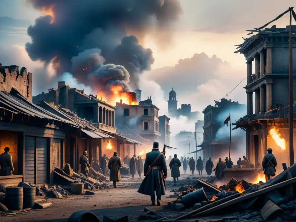 Pintura detallada de una ciudad en ruinas por la guerra, civiles temerosos