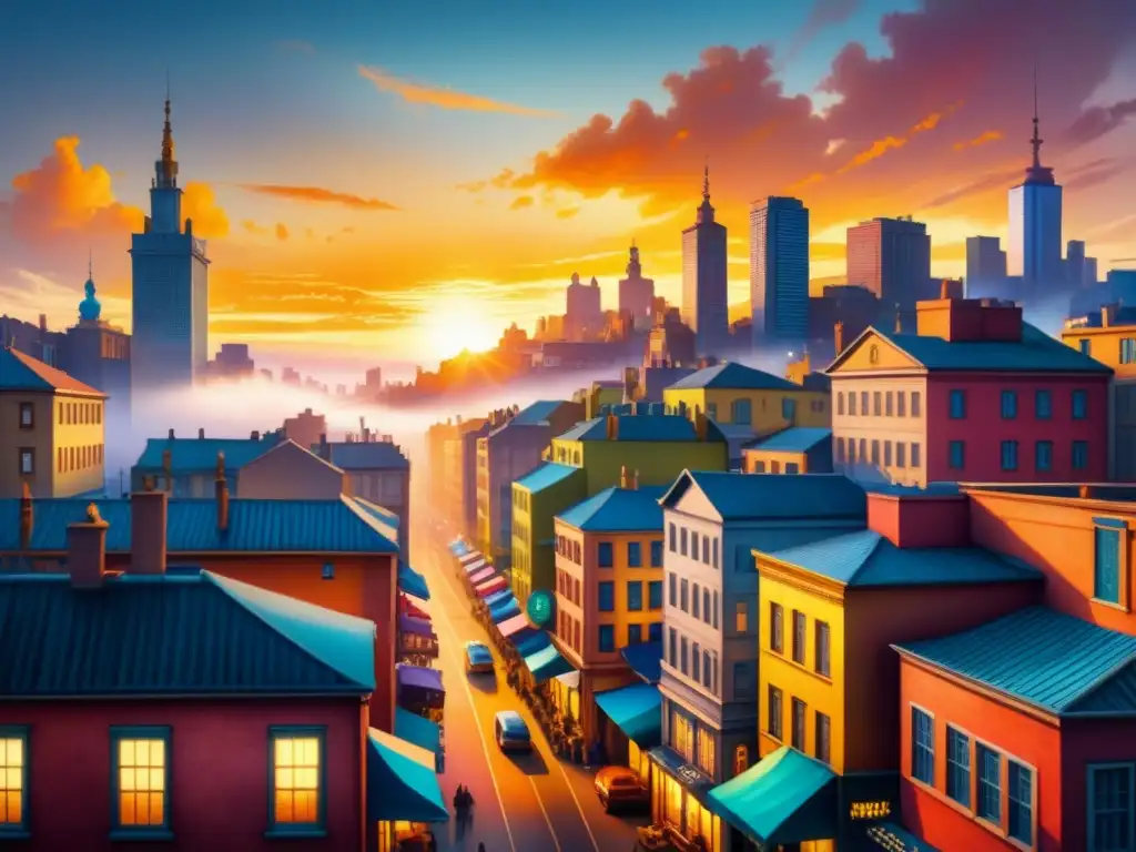 Pintura detallada de una ciudad vibrante al atardecer con arte urbano impactante