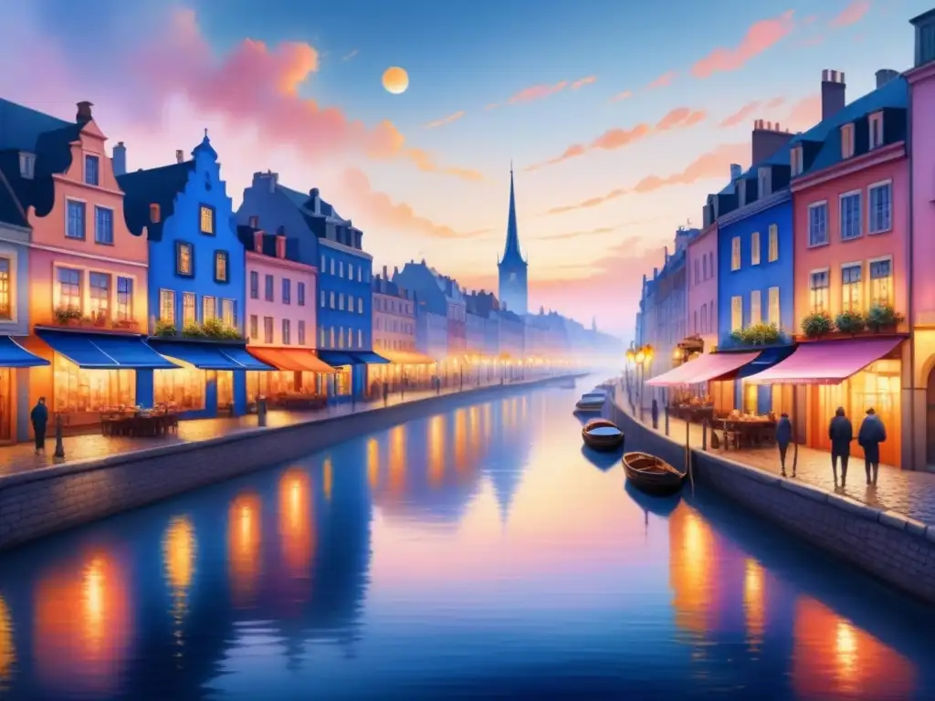 Cityscape acuarela detallada con atardecer vibrante Pintura detallada de una ciudad vibrante al anochecer, con calles empedradas iluminadas por farolas, galerías de arte y cafés