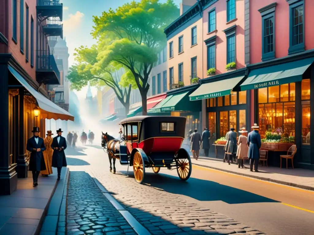 Pintura acuarela impresionista de ciudad americana en la era vibrante Pintura acuarela detallada de ciudad vibrante en América, escena bulliciosa de la era impresionista con gente de época, carruajes y fachadas coloridas