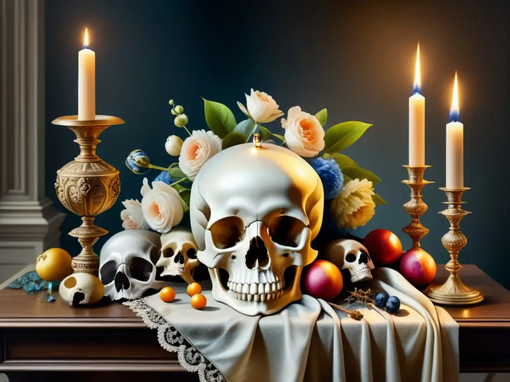 Una pintura acuarela detallada de una composición barroca de naturaleza muerta, con objetos simbólicos como flores marchitas, relojes de arena, calaveras y velas apagadas