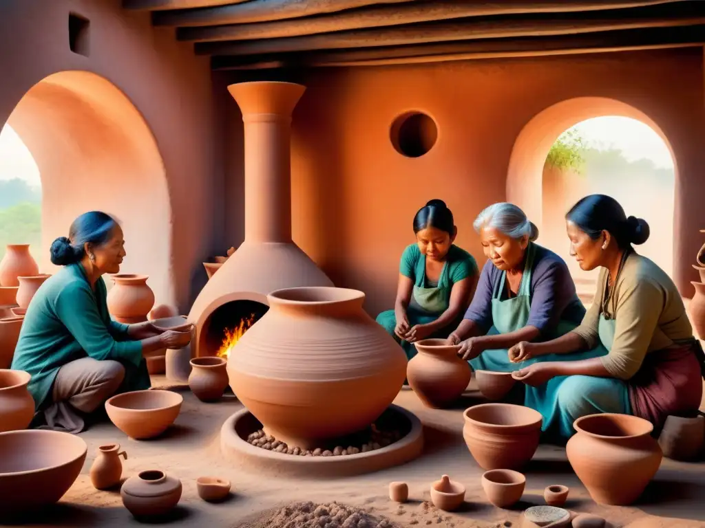 Una pintura acuarela detallada muestra comunidad haciendo alfarería tradicional: niños, ancianos y kiln decorado