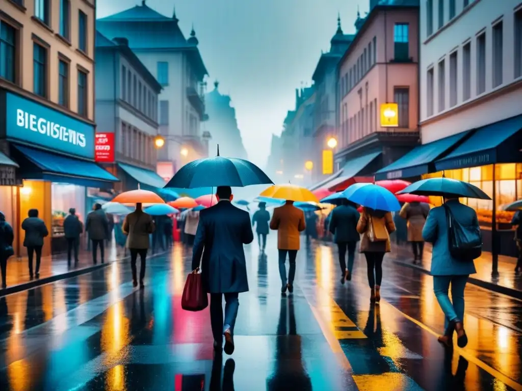 Pintura detallada de una concurrida calle urbana en una lluviosa tarde, reflejando luces de la ciudad en el pavimento mojado, con personas llevando paraguas y apresurándose bajo la lluvia, creando una escena urbana dinámica y vibrante