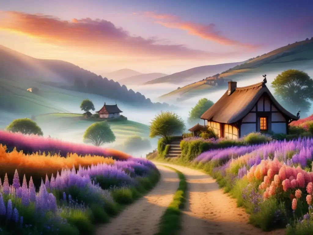 Pintura acuarela detallada en 8k con contrastes de luz y sombras en un paisaje rural al atardecer