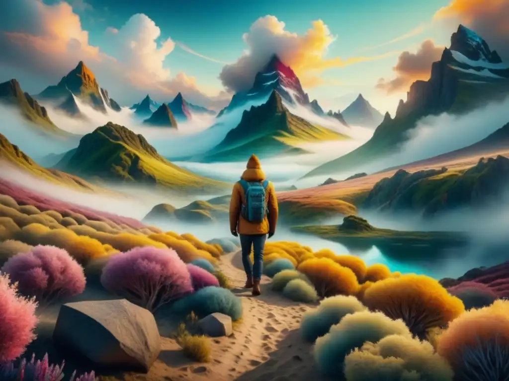 Pintura acuarela detallada: paisaje surrealista vibrante Pintura acuarela detallada con criaturas y formas abstractas en un paisaje surrealista