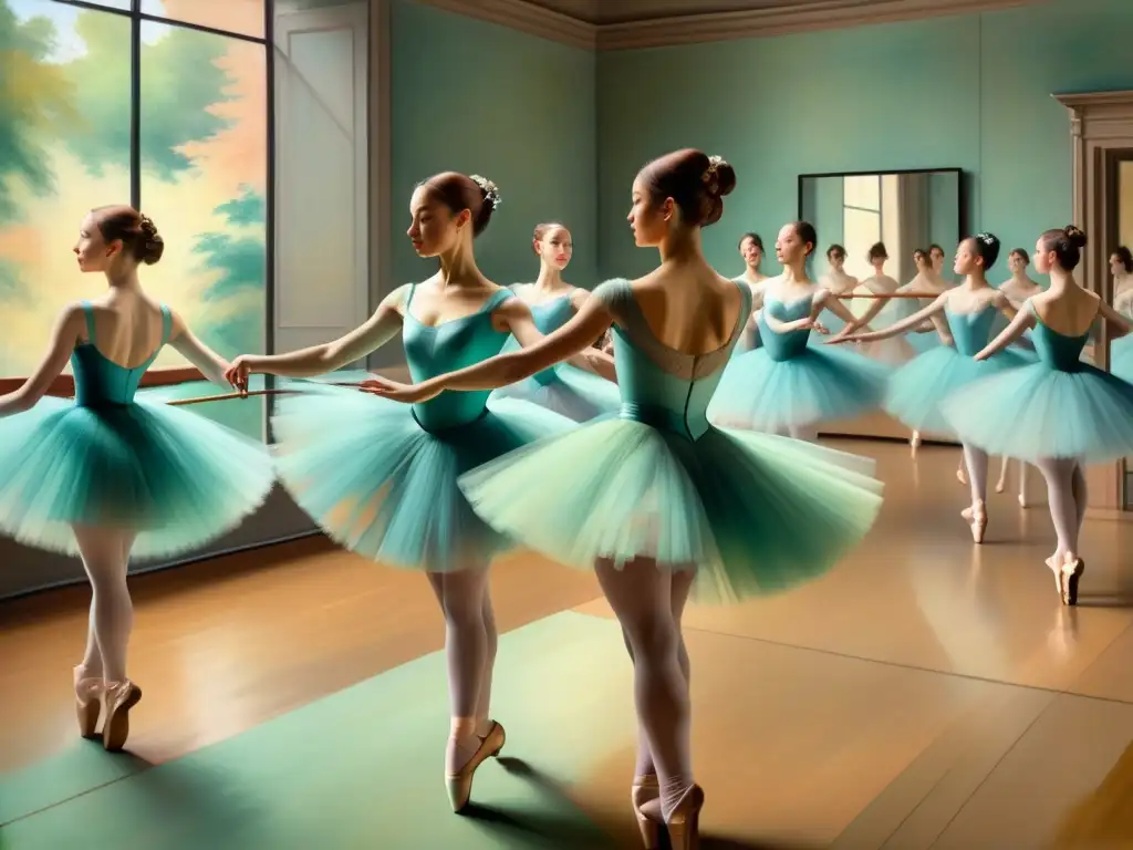 Una pintura detallada de Edgar Degas capturando la dinámica del movimiento en una escena de ballet, reflejando su maestría en el impresionismo