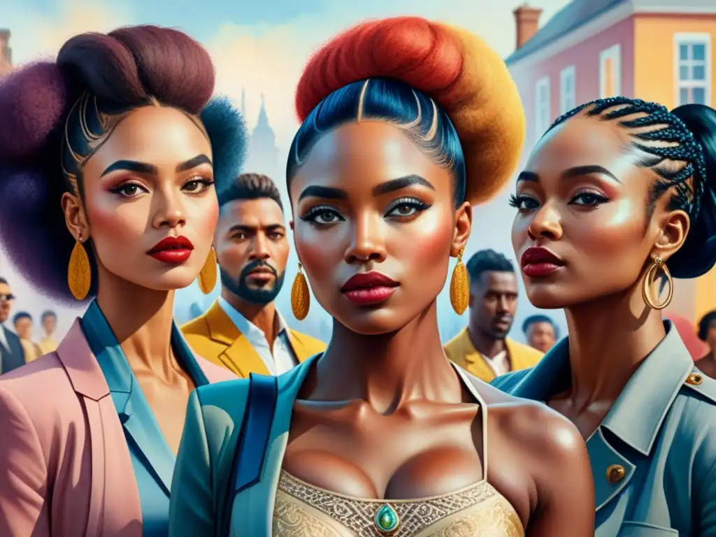 Pintura acuarela detallada que representa diversidad de identidades en arte postmodernista