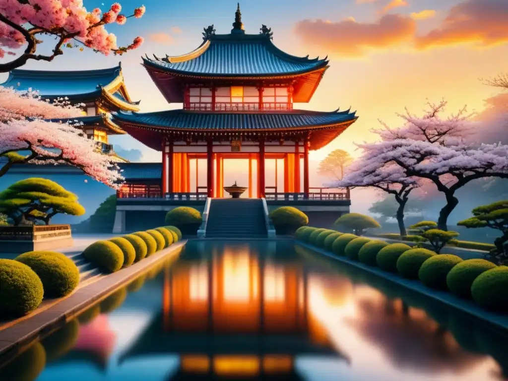 Pintura acuarela detallada de edificio neoclásico con influencias orientales, jardines japoneses y estanque de koi al atardecer