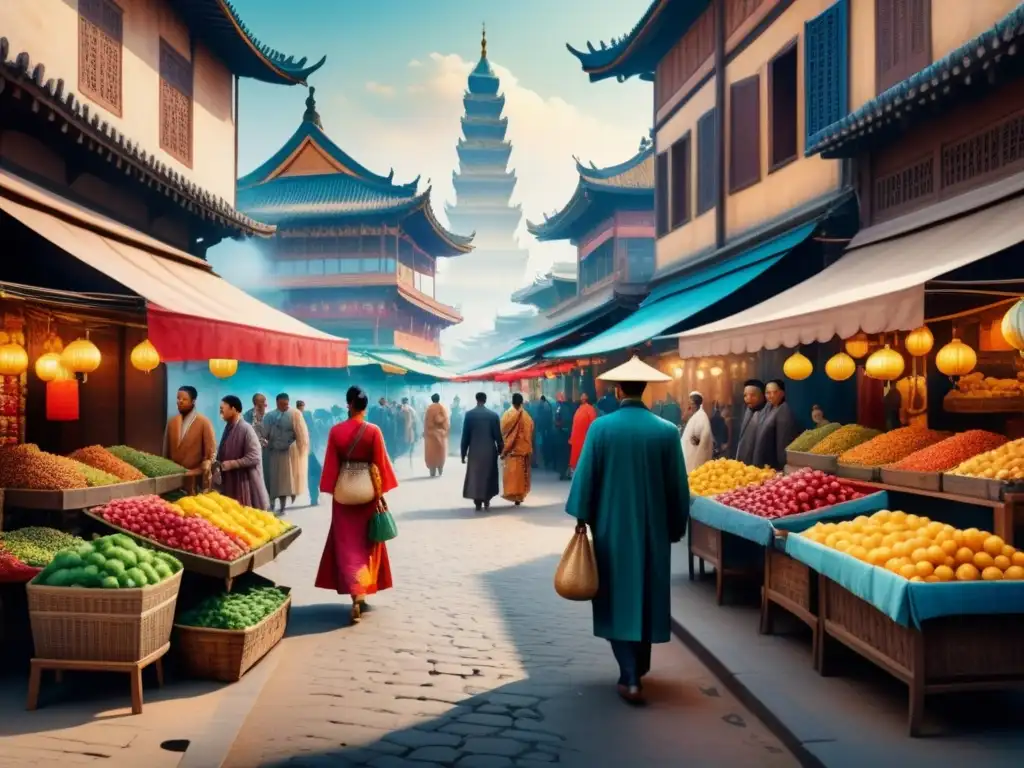 Pintura detallada que fusiona elementos de culturas extranjeras en un paisaje urbano vibrante