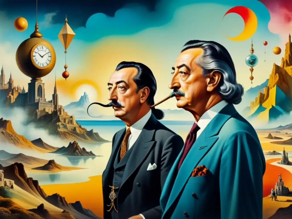 Pintura acuarela detallada con Dalí y Breton discutiendo entre elementos surrealistas