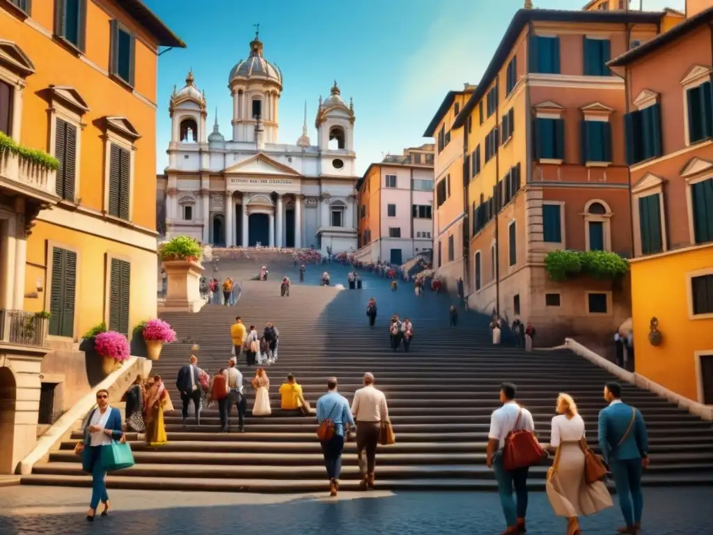 Pintura detallada de las Escalinatas de España en Roma, Italia, llena de vida y color