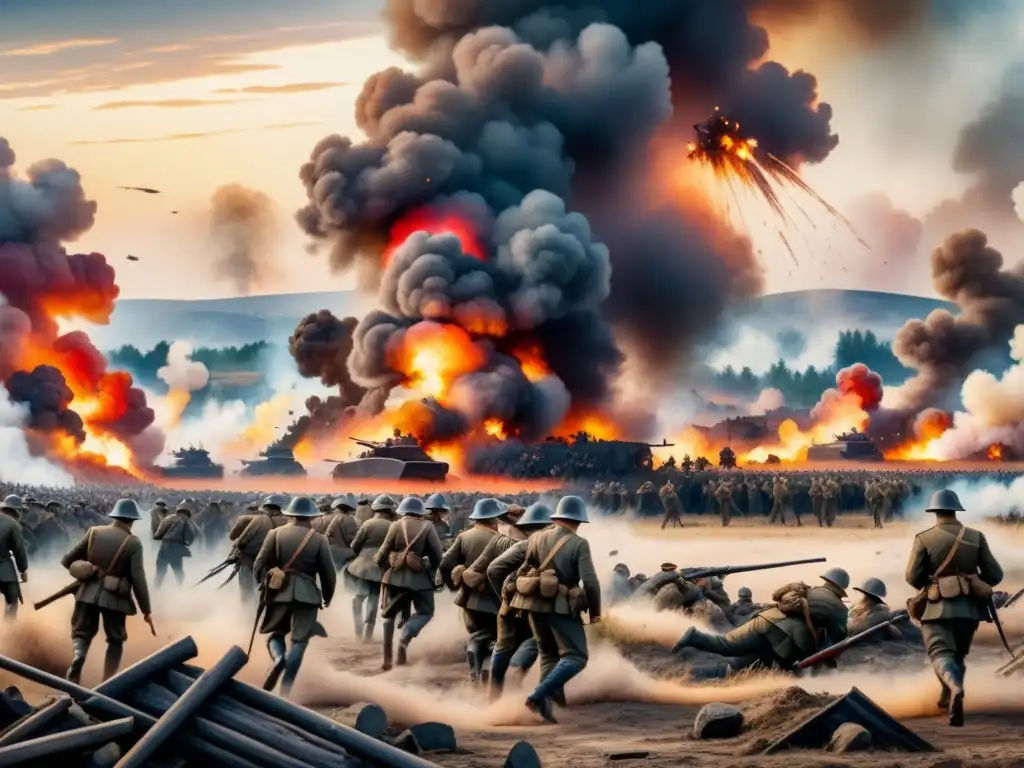 Pintura acuarela detallada de escena caótica de la Primera Guerra Mundial
