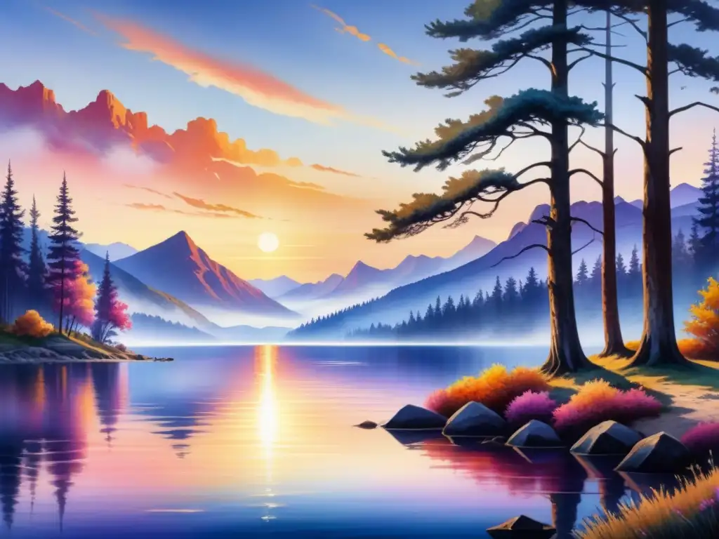 Pintura detallada de una escena junto al lago al atardecer, con Técnicas acuarela luz sombra arte