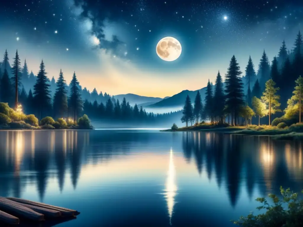 Pintura detallada de una escena nocturna serena bajo la luna, reflejada en un lago tranquilo