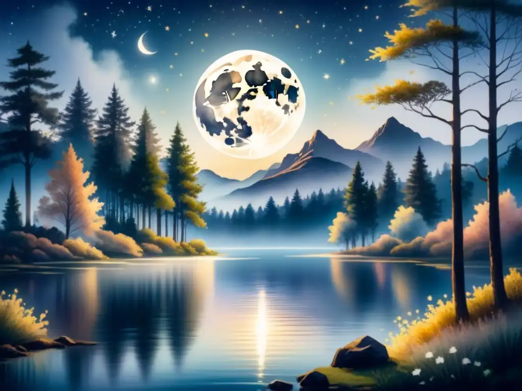 Pintura detallada de una escena nocturna bajo la luna, con un lago tranquilo reflejando su luz y árboles altos