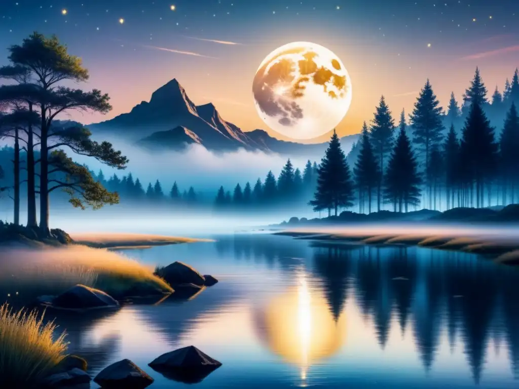 Pintura detallada de escena nocturna bajo luna, reflejos tranquilos en el agua