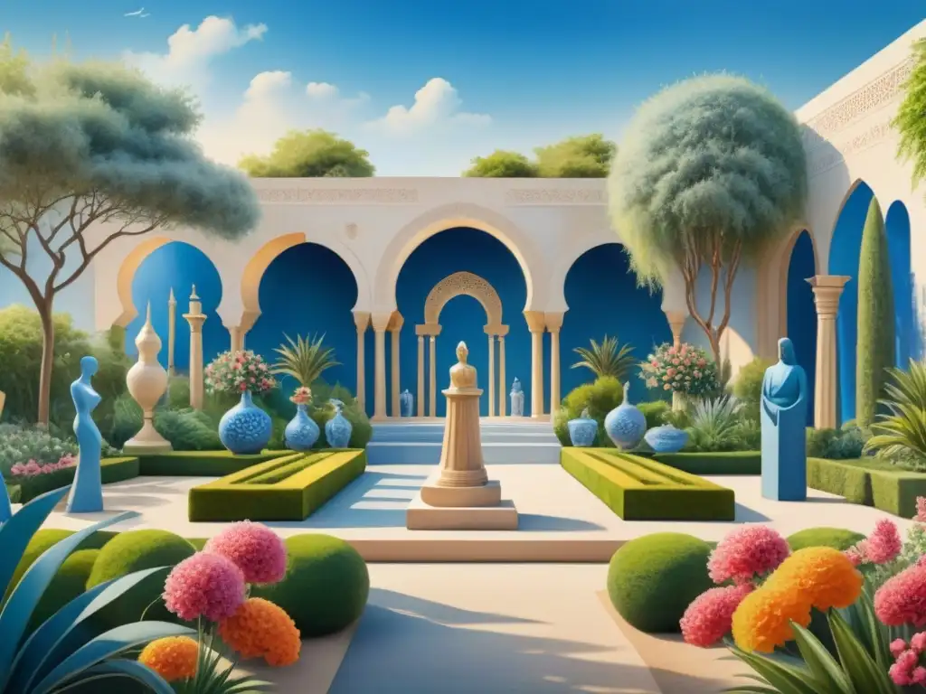 Una pintura detallada que muestra un jardín de esculturas modernas en Medio Oriente, creadas por talentosos escultores contemporáneos de la región