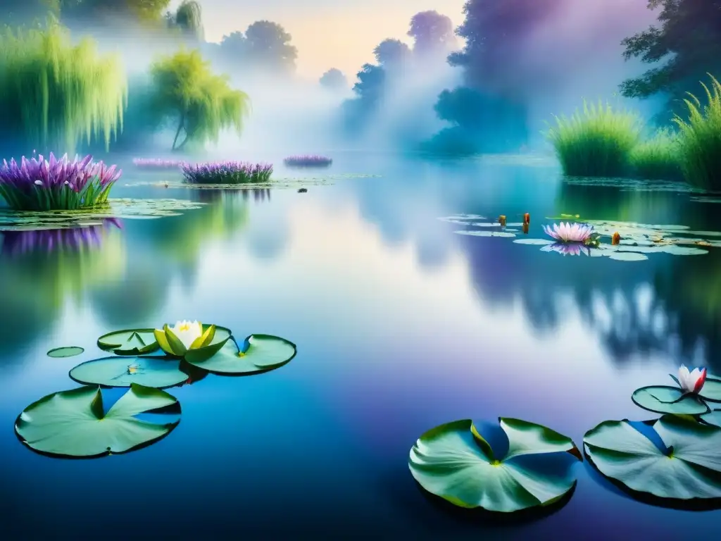 Acuarela detallada de Monet: Estanque con lirios Pintura detallada de Monet: un estanque sereno con nenúfares, reflejando luz y color