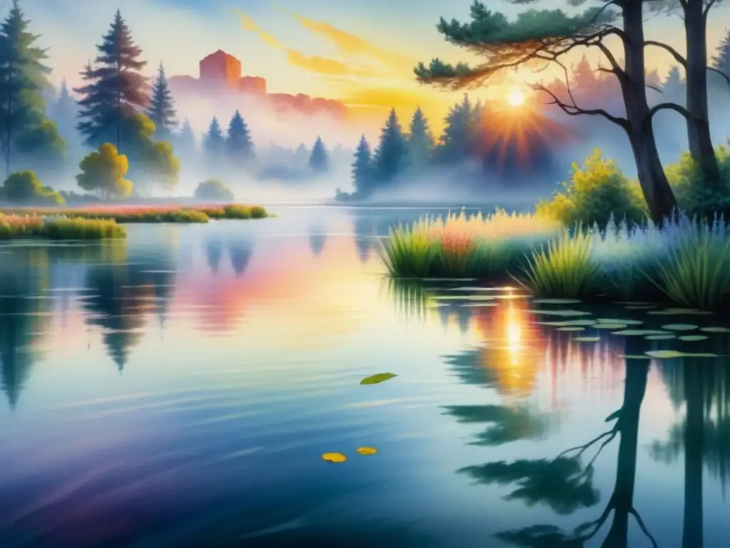 Pintura acuarela detallada de un estanque sereno reflejando un vibrante atardecer, representación agua Impresionismo