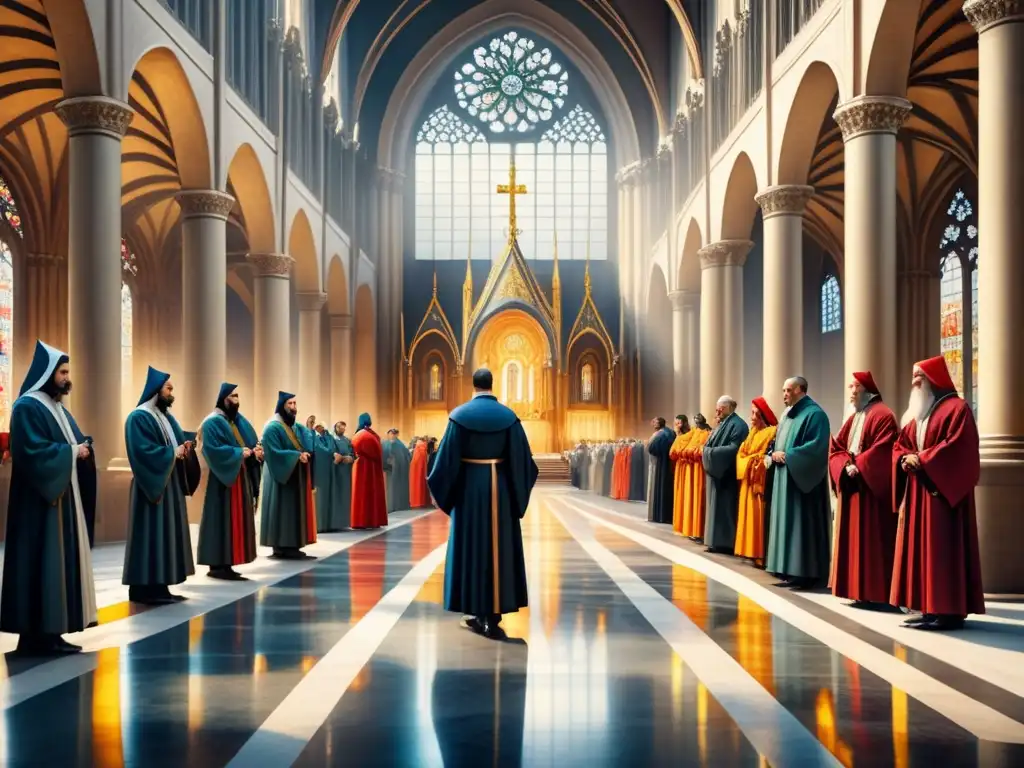 Pintura acuarela manierista: Procesión religiosa en catedral Una pintura acuarela detallada en estilo manierista, con iconografía religiosa en una catedral