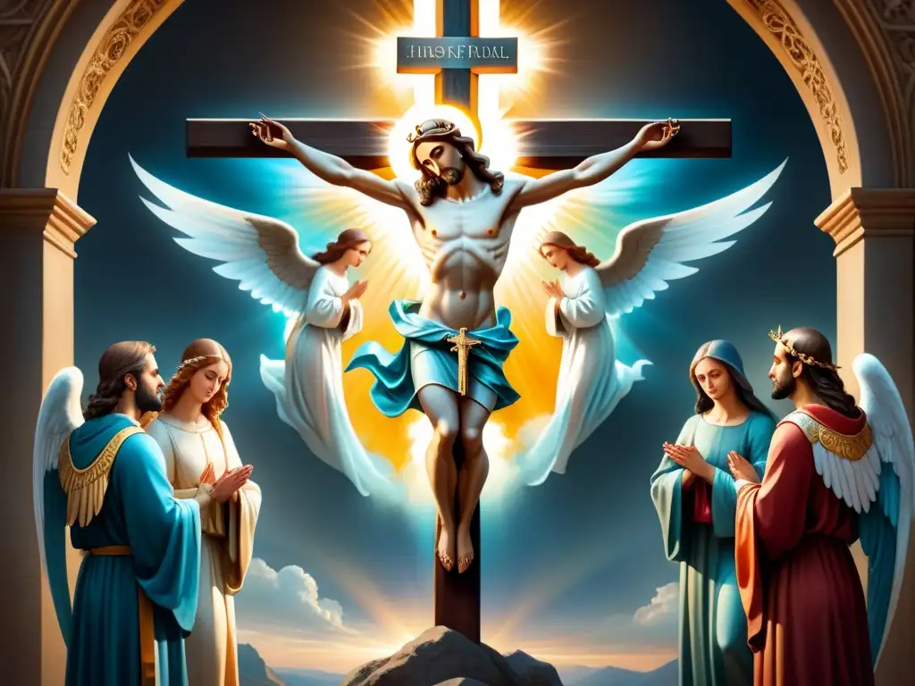 Ángeles celestiales en acuarela: divina presencia en estilo Mannerist Pintura acuarela detallada de ángeles en estilo manierista con crucifijo luminoso