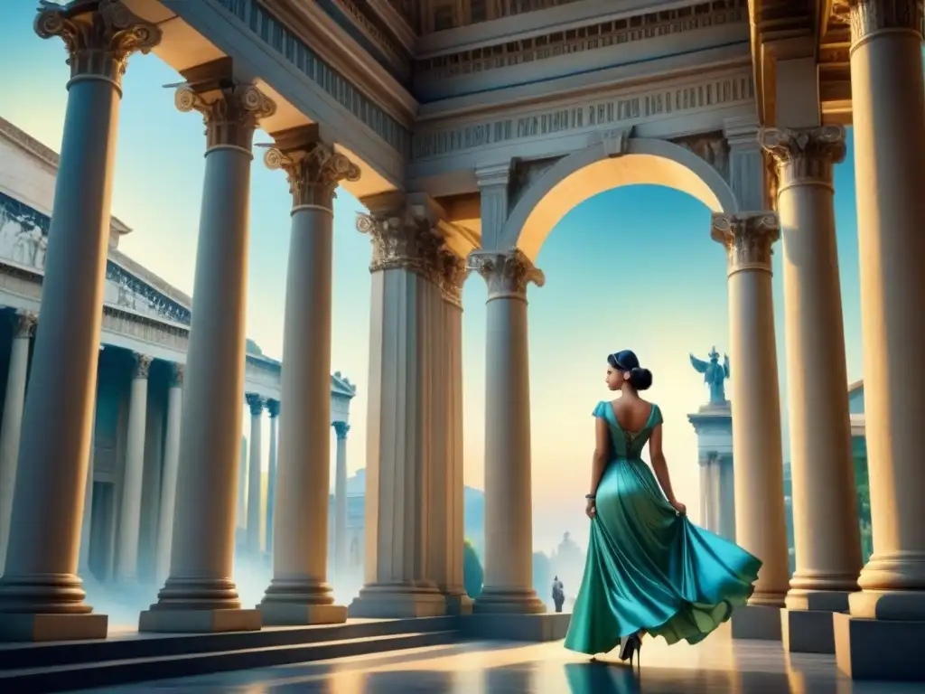 Pintura acuarela detallada de estructura neoclásica inspirada en la antigua Grecia y Roma