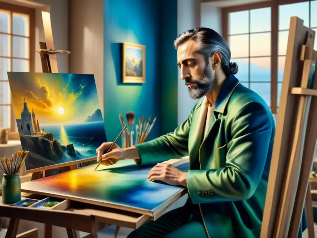 Pintura detallada de El Greco en su estudio, rodeado de colores vibrantes
