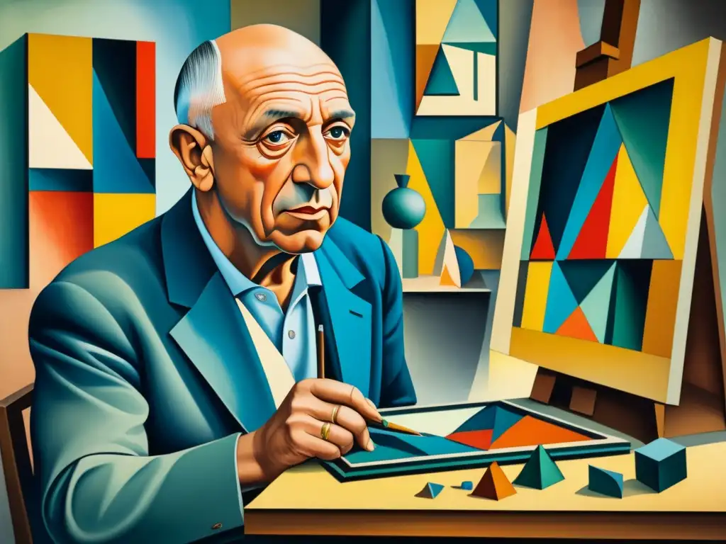 Pintura detallada de Picasso en su estudio, rodeado de formas geométricas y colores vibrantes, reflejando el origen y evolución del Cubismo