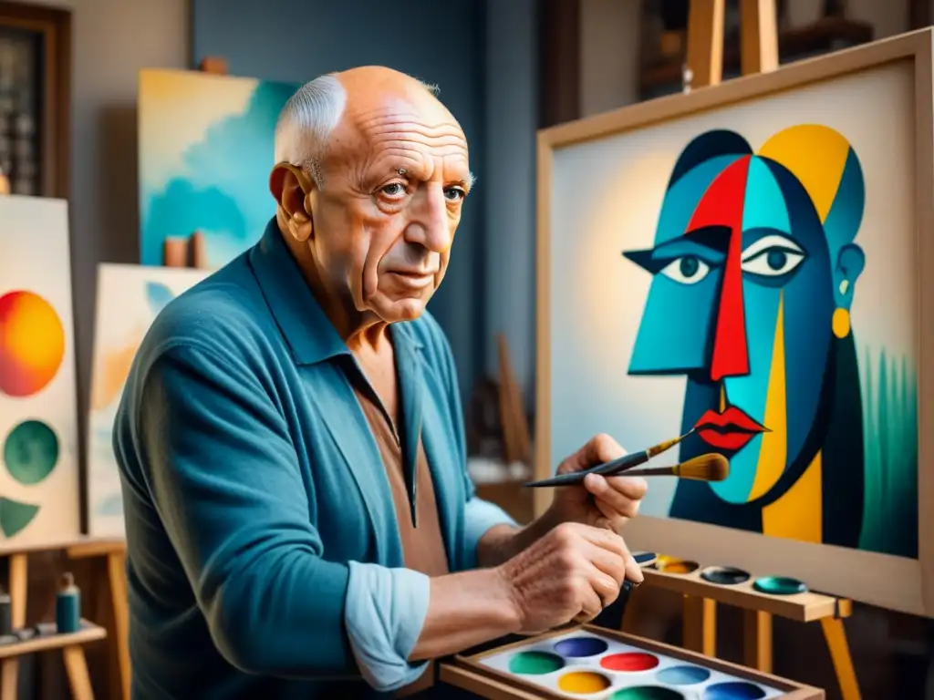 Pintura detallada de Pablo Picasso en su estudio, rodeado de colores vibrantes y pinceles, con sus icónicas obras abstractas en las paredes