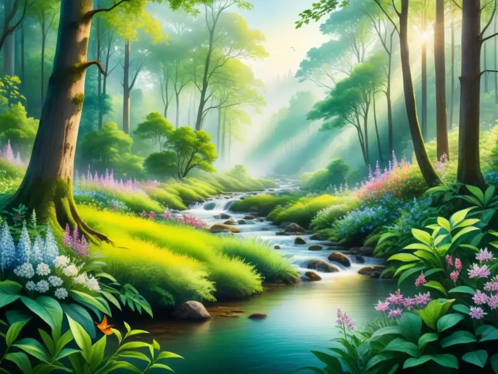 Pintura detallada de un exuberante bosque en acuarela, con follaje verde vibrante, flores silvestres y un arroyo